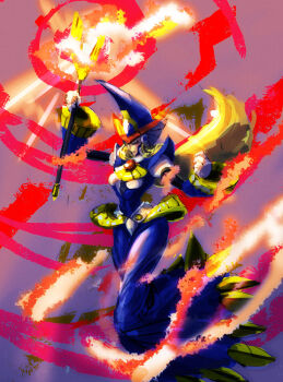 Rule 34 | 1girl, android, armor, armored boots, arms up, artist name, belt, berkana (mega man), black bodysuit, blonde hair, blue background, blue eyes, bodysuit, boots, breastplate, breasts, casting spell, chest jewel, commentary request, crystal, dress, fire, floating hair, full body, gloves, gradient background, hair over shoulder, hat, helmet, high heels, highres, holding, holding staff, ibdinosaur, jeweled hat, joints, knee pads, large breasts, leg armor, light blush, long dress, long hair, mega man (series), mega man x (series), mega man xtreme 2, multicolored shoes, open mouth, orange background, plate armor, purple background, purple dress, purple eyes, red shoes, robot ears, robot joints, shoes, shoulder armor, shoulder spikes, sidelocks, smile, solo, sparkle, spikes, staff, two-tone shoes, white gloves, white shoes, wide hips, wide sleeves, witch, witch hat