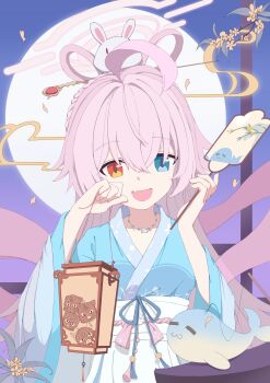 1girl absurdres ahoge aibisiqia alternate_costume bad_source blue_archive blue_eyes chinese_clothes fang feixianji_(hairstyle) full_moon hair_between_eyes hair_ornament hair_rings hair_stick halo hand_fan hanfu heterochromia highres holding hoshino_(blue_archive) hoshino_(mid-autumn_festival)_(blue_archive) jewelry jiaoling_ruqun long_hair looking_at_viewer moon necklace open_mouth orange_eyes osmanthus pink_hair rabbit smile solo tuanshan