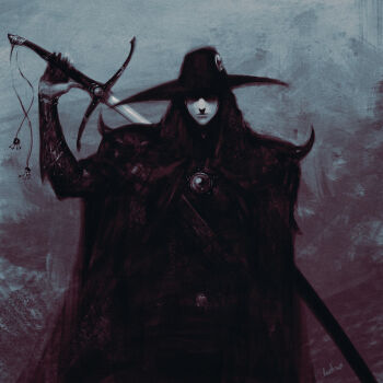 Rule 34 | 1boy, cloak, d (vampire hunter d), expressionless, facing viewer, hat, highres, male focus, monochrome, pale skin, senda satoru, shaded face, solo, sword, sword on back, vampire hunter d, weapon, weapon on back