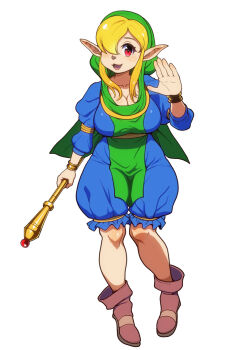 1girl blonde_hair boots breasts brown_boots cape chip_(shining_force) cleavage full_body green_cape green_hat hair_over_one_eye hat holding holding_rod large_breasts long_hair oomaeda red_eyes rod shining_(series) shining_force_i solo standing