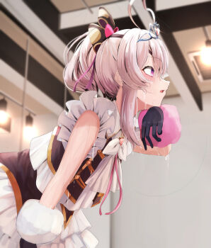 1girl absurdres ahoge black_gloves blurry blurry_background blush commentary_request dance_studio depth_of_field eyepatch from_side glint gloves heart heart_ahoge highres maria_marionette nijisanji nijisanji_en nijisanji_idol_uniform parted_lips pink_hair practicing side_ponytail solo sweat tiara very_sweaty virtual_youtuber wiping_sweat yanikura