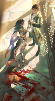 1boy 1girl absurdres arm_behind_back black_hair black_hairband blood blood_on_ground blood_on_hands bloody_weapon blue_hair breasts brown_pantyhose claude_von_riegan claude_von_riegan_(distant_deer) commentary_request corpse dark-skinned_male dark_skin death female_byleth_(fire_emblem) female_byleth_(jehanna)_(fire_emblem) fire_emblem fire_emblem:_three_houses fire_emblem_heroes floating_hair green_eyes grin hairband high_heels highres holding holding_weapon long_hair long_sleeves medium_breasts nintendo official_alternate_costume outdoors pantyhose pelvic_curtain shadow short_hair smile weapon zhihaiwusheng