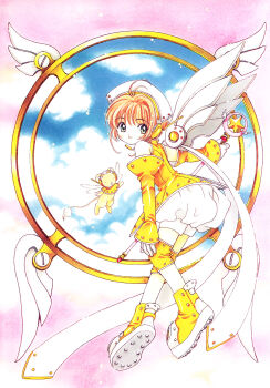 1990s_(style) 1girl antenna_hair cardcaptor_sakura child clamp day female_focus hat highres hoshi_no_tsue kero_(cardcaptor_sakura) kinomoto_sakura magical_girl official_art retro_artstyle shoes solo white_hat wings yellow_shoes