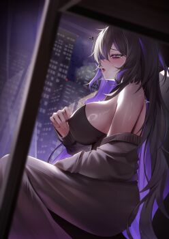 1girl absurdres black_cardigan black_hair breasts cardigan cardigan_partially_removed colored_inner_hair dress drooling goddess_of_victory:_nikke heart highres label_(nikke) large_breasts long_hair mouth_drool multicolored_hair purple_eyes purple_streaks shuvi_(shuvi1125) sideboob solo sweat taut_clothes taut_dress window