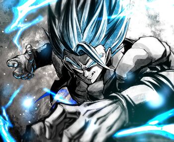 1boy black_vest blue_eyes blue_hair blue_theme commentary_request cropped_vest dragon_ball dragon_ball_super dragon_ball_super_broly fighting_stance gogeta grey_background highres limited_palette male_focus medium_hair metamoran_vest muscular muscular_male no_shirt open_clothes open_vest parted_lips partially_colored smirk solo spiked_hair super_saiyan super_saiyan_blue upper_body vest yuuri_(fukuroudou)