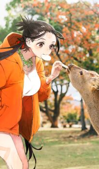 1girl animal breasts brown_eyes brown_hair closed_mouth commentary_request day deer facial_mark fate/grand_order fate_(series) feeding_animal food forehead_mark game_cg himiko_(fate) himiko_(over_the_same_sky)_(fate) holding holding_food jacket jewelry large_breasts leg_tattoo long_hair looking_at_animal low_twintails magatama magatama_necklace mouth_hold necklace official_art open_clothes open_jacket orange_jacket outdoors photo_background shirt solo tattoo third-party_source toi8 topknot tree twintails very_long_hair white_shirt
