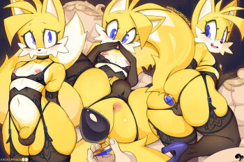 1boy 1other anal anal_object_insertion animal_ears animal_nose blue_eyes brown_thighhighs butt_plug colored_skin commentary english_commentary fang fox_boy fox_ears fox_tail furry furry_male garter_belt gloves green_skin highres krokobyaka lingerie male_focus multiple_tails multiple_views nipples object_insertion open_mouth penis sex_toy skindentation smile sonic_(series) tail tails_(sonic) thighhighs two_tails underwear white_gloves