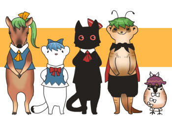 animal animalization antennae ascot bird black_cat blue_bow bow bowtie cat cirno clothed_animal commentary_request daiyousei deer full_body green_hair hair_bow looking_at_viewer meerkat mystia_lorelei mystia_lorelei_(bird) no_humans onikobe_rin orange_background orange_eyes red_ascot red_bow red_bowtie rumia short_hair simple_background sparrow standing touhou two-tone_background weasel white_background white_bow wriggle_nightbug yellow_ascot