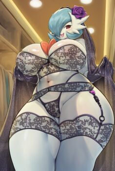 1girl alternate_color between_breasts blue_hair blush breasts cleavage curvy elbow_gloves female_focus flower flower_on_head furry furry_female gardevoir garter_straps gen_3_pokemon gloves hair_over_one_eye highres huge_breasts looking_at_viewer mleonheart navel nintendo pokemon red_eyes shiny_pokemon short_hair solo sweat thick_thighs thighs wide_hips