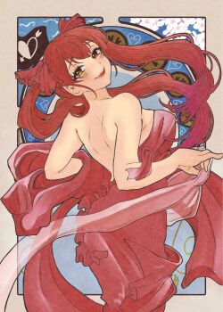 1girl arrow_through_heart bare_shoulders breasts cherry_blossoms commentary_request fins flag from_behind hagoromo hair_between_eyes hair_ribbon heart heterochromia highres hololive houshou_marine long_hair looking_at_viewer looking_back medium_breasts merfolk mermaid monster_girl monsterification red_hair red_lips red_tail ribbon see-through_clothes see-through_shawl shawl shoulder_blades solo twintails umi817 virtual_youtuber yellow_eyes