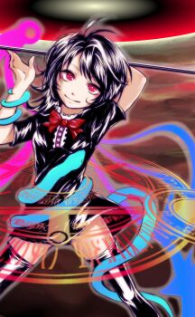 1girl ahoge asymmetrical_wings black_dress black_hair black_thighhighs blue_wings bow bowtie bright_pupils buttons center_frills closed_mouth dress feet_out_of_frame frills head_tilt highres houjuu_nue konohana_(saufura) looking_at_viewer pointy_ears red_bow red_bowtie red_eyes red_wings shiny_clothes short_dress short_hair short_sleeves smile solo spell thighhighs touhou white_pupils wings zettai_ryouiki
