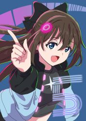 Rule 34 | 1girl, black bow, black shirt, blue eyes, bow, brown hair, go our way!, hair bow, half updo, highres, index finger raised, jacket, long hair, long sleeves, looking at viewer, love live!, love live! nijigasaki high school idol club, midriff, numbered, open clothes, open jacket, open mouth, osaka shizuku, shirt, sidelocks, solo, taiyakippassion, upper body