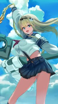 1girl absurdres armband blonde_hair blue_eyes blue_sailor_collar blue_skirt blush bonefire0909 breasts chain chaos_zero_nightmare cloud cloudy_sky crop_top crop_top_overhang hairband haru_(chaos_zero_nightmare) highres large_breasts loafers long_hair long_sleeves looking_at_viewer midriff miniskirt neckerchief open_mouth outstretched_arms panties pantyshot pleated_skirt red_neckerchief sailor_collar school_uniform serafuku shirt shoes skirt sky smile solo thighs underwear white_panties white_shirt