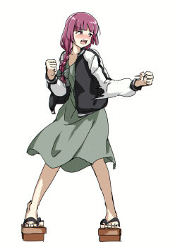 1girl black_jacket bluesky_username blunt_bangs blush bocchi_the_rock! bow braid commentary commentary_request dress feet full_body geta green_dress hair_bow hiroi_kikuri jacket jacket_over_dress motion_blur multicolored_jacket nose_blush pink_hair punching sidelocks single_braid torako_(toramaru) two-tone_jacket v-neck watermark white_background white_sleeves