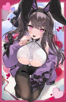 1girl animal_ears azur_lane bare_shoulders black_choker black_leotard black_ribbon blush breasts brown_hair chocolate choker clothes_pull clothing_cutout commentary_request fake_animal_ears food_in_mouth from_above fukuda935 hair_between_eyes hair_ornament hair_ribbon hairclip hand_up heart heart-shaped_pillow heart_o-ring jacket jacket_pull large_breasts legs_together leotard long_hair looking_at_viewer looking_up mouth_hold o-ring off_shoulder open_clothes open_jacket pamiat_merkuria_(azur_lane) pantyhose pillow pink_eyes purple_jacket rabbit_ears ribbon side_ponytail smile solo thigh_gap thigh_strap thighs underboob underboob_cutout very_long_hair x_hair_ornament