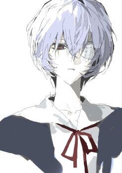 1girl ayanami_rei blue_hair expressionless eyepatch hair_between_eyes highres konosekaino920 looking_at_viewer neck_ribbon neon_genesis_evangelion pale_skin red_eyes red_ribbon ribbon school_uniform shirt short_hair solo tokyo-3_middle_school_uniform upper_body white_background