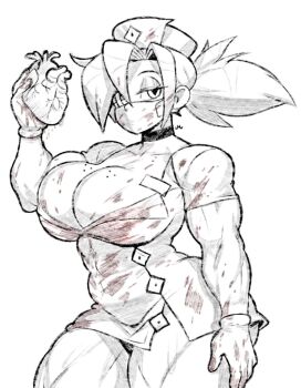 1girl 2025 black_choker black_panties blood_on_clothes blood_on_hands breasts choker cleavage contrapposto curvy dress eyepatch female_focus gloves hair_over_one_eye half-closed_eyes hat heart_(organ) high_ponytail holding_heart_(organ) huge_breasts looking_at_viewer macholor monochrome mouth_mask muscular muscular_female nurse nurse_cap panties pantyshot ponytail short_sleeves simple_background skullgirls solo standing surgical_mask thick_thighs thighs underwear valentine_(skullgirls) white_background white_dress