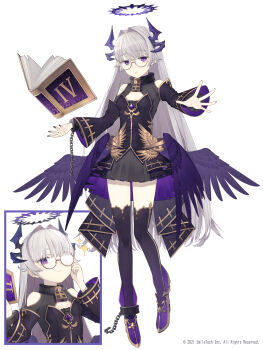 1girl absurdres adjusting_eyewear bare_shoulders black_nails black_skirt black_sleeves black_thighhighs book breasts chain character_request cleavage cleavage_cutout closed_mouth clothing_cutout collar collared_shirt copyright_notice cuffs detached_sleeves fake_wings fingernails floating floating_book floating_object foot_up frilled_sleeves frills full_body gold_trim grey_hair hair_intakes halo hand_up highres horns layered_sleeves lock long_hair mahjong_hime miniskirt multiple_views nail_polish official_art open_book open_hand overskirt padlock padlocked_collar parted_lips purple_eyes purple_halo purple_wings reaching reaching_towards_viewer riuichi sabaton semi-rimless_eyewear shackles shirt shoulder_cutout simple_background skirt small_breasts sparkle telekinesis thighhighs very_long_hair white_background wings yellow-framed_eyewear zettai_ryouiki