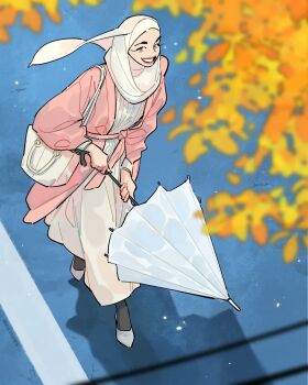 1girl black_pantyhose coat commentary dress english_commentary grin highres hijab holding holding_umbrella open_clothes open_coat original outdoors pantyhose pink_coat shoes smile solo umbrella white_dress white_hijab white_shoes white_umbrella winchestermegg