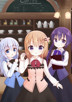 Rule 34 | 3girls, cafe, commentary request, cup, gochuumon wa usagi desu ka?, highres, holding, holding menu, hoto cocoa, jar, kafuu chino, long hair, looking at viewer, medium hair, menu, multiple girls, orange hair, purple hair, shelf, symbol-shaped pupils, teacup, teapot, tedeza rize, toriki fukuro, waitress