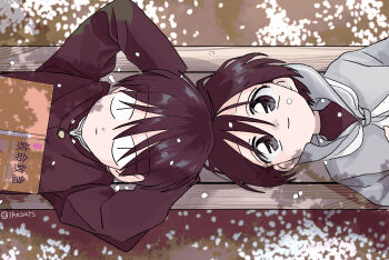 1boy 1girl bench black_hair book cherry_blossoms commentary_request couple expressionless gakuran lying on_back original petals school_uniform serafuku short_hair smile takanashi_atashi upper_body