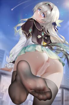 1girl aqua_skirt ass black_capelet black_hairband black_thighhighs blue_sky blush cameltoe capelet cityscape commentary_request feet firefly_(honkai:_star_rail) foot_focus from_behind gradient_eyes gradient_hair green_pupils grey_hair hair_between_eyes hair_ornament hairband hand_on_railing high_heels highres honkai:_star_rail honkai_(series) kamue leg_up long_hair long_sleeves looking_at_viewer looking_back multicolored_eyes multicolored_hair no_shoes panties parted_lips purple_eyes railing shirt skirt sky soles solo thighhighs thighs toe_seam toes two-tone_eyes underwear white_panties white_shirt
