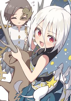 2girls absurdres asymmetrical_wings black_dress blush brown_hair brown_mask closed_eyes commentary_request deer dress eyes_on_wings facing_viewer flying_sweatdrops grey_hair hair_between_eyes half_mask highres hiyaya_(kochi_michikaze) iwanaga_ariya long_hair long_hair_between_eyes long_sleeves looking_at_viewer mask mask_over_one_eye multiple_girls open_mouth red_eyes ribbon_around_body riding riding_animal shirt short_hair skeletal_clothes skeletal_tail skeletal_wings sleeveless sleeveless_dress smile tail torn_clothes torn_dress touhou turtleneck turtleneck_dress very_long_hair white_shirt wings yuiman_asama