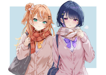 2girls absurdres aqua_eyes bag blue_background blue_hair border bow bowtie brown_scarf cagasyo cardigan closed_mouth commentary_request crossed_bangs hair_between_eyes hair_bow hair_bun hair_ornament hairclip hand_up highres igarashi_rika koshimizu_toru light_blush long_hair long_sleeves looking_at_viewer mole mole_under_eye multicolored_hair multiple_girls nijisanji orange_bow orange_bowtie orange_hair outside_border parted_lips plaid_clothes plaid_scarf purple_bow purple_bowtie purple_eyes red_scarf scarf school_bag school_uniform shirt short_hair shoulder_bag simple_background single_side_bun smile solo star_(symbol) star_hair_ornament streaked_hair striped_bow striped_bowtie striped_clothes upper_body virtual_youtuber white_border white_hair white_shirt