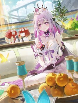 1girl absurdres asymmetrical_gloves bare_shoulders black_tiara breasts bright_pupils bug butterfly castorice_(honkai:_star_rail) cleavage closed_mouth couch cropped dress elbow_gloves food fruit gloves highres honkai:_star_rail honkai_(series) insect long_hair looking_at_viewer meoyo on_couch pantyhose pointy_ears purple_butterfly purple_eyes purple_gloves purple_hair sitting smile tiara trianne_(honkai:_star_rail) trinnon_(honkai:_star_rail) uneven_gloves white_dress white_pantyhose white_pupils