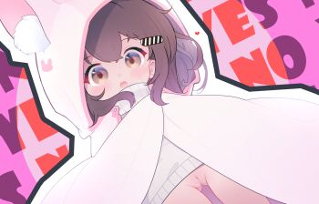 1girl absurdres animal_ear_fluff animal_ear_hood animal_ears baigao baigao-ji_(baigao) borrowed_character bottomless brown_eyes brown_hair coat commentary_request fake_animal_ears gluteal_fold hair_ornament hairclip highres hood hooded_coat loli long_hair looking_at_viewer open_mouth original pussy rabbit_ears sleeves_past_wrists solo sweater thighs white_coat white_sweater