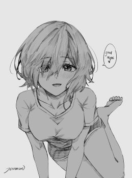 1girl blush breasts cleavage commentary english_commentary english_text fate/grand_order fate_(series) hair_over_one_eye highres jeffraeson large_breasts looking_at_viewer mash_kyrielight open_mouth original purple_eyes purple_hair short_hair simple_background smile solo speech_bubble thighhighs thighs white_background