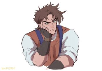 1boy battle_tendency black_gloves blue_eyes brown_hair closed_mouth commentary cropped_torso english_commentary frown gloves hand_on_own_face head_rest jojo_no_kimyou_na_bouken joseph_joestar joseph_joestar_(young) kookirani looking_to_the_side male_focus parted_hair raised_eyebrow shirt sideways_glance simple_background sleeves_rolled_up solo sweater_vest white_background white_shirt