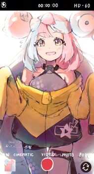 1girl anzu_(v0_0v_o0) bare_shoulders blue_hair blush bow-shaped_hair breasts character_hair_ornament collarbone commentary_request fake_hair_bun fake_phone_screenshot fake_screenshot grey_pantyhose hair_ornament halter_shirt halterneck hexagon_print highres iono_(pokemon) jacket long_hair long_sleeves looking_at_viewer multicolored_hair nintendo open_mouth pantyhose pink_hair pokemon pokemon_sv shirt single_leg_pantyhose sleeves_past_fingers sleeves_past_wrists smile solo split-color_hair two-tone_hair yellow_jacket