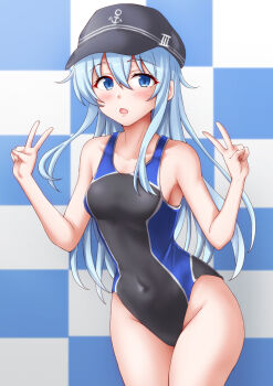 1girl anti_(untea9) black_one-piece_swimsuit blue_eyes blush breasts checkered_background collarbone commentary_request competition_swimsuit double_v flat_cap grey_hair hat hibiki_(kancolle) highres kantai_collection long_hair one-piece_swimsuit school_uniform serafuku small_breasts solo swimsuit v
