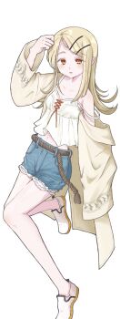 1girl arm_up belt blonde_hair blue_shorts breasts brown_belt camisole cleavage colored_eyelashes commentary_request denim denim_shorts flipped_hair gakuen_idolmaster hair_ornament hairclip highres idolmaster long_hair long_sleeves looking_at_viewer midriff orange_eyes parallel_hairclips parted_bangs parted_lips robe rope_belt shinosawa_hiro shoes shorts simple_background single_off_shoulder small_breasts solo strap_slip white_background white_camisole white_robe white_shoes wide_sleeves xenon_outan0118