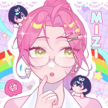 2girls :o alien_stage black_hair character_name commentary dou_(tori) earrings english_commentary food-themed_hair_ornament glasses green_eyes hair_ornament hairclip heart heart_earrings highres jewelry lace_trim long_hair looking_to_the_side mini_person minigirl mizi_(alien_stage) multiple_girls peach_hair_ornament pink_hair ponytail rainbow semi-rimless_eyewear signature solo_focus star_(symbol) star_hair_ornament sua_(alien_stage) twitter_username white-framed_eyewear