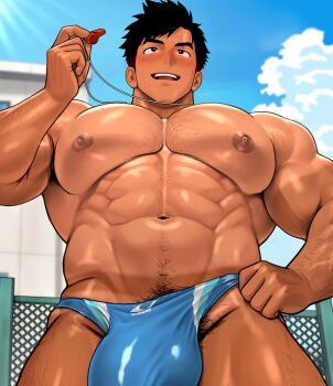 1boy abs arm_hair armpit_hair armpit_hair_peek bara biceps black_eyes black_hair blue_male_swimwear blue_sky blush bright_pupils broad_shoulders chest_hair cowboy_shot from_below groin highres holding holding_whistle huge_pectorals kuromine_hiraya leg_hair logo male_focus male_swimwear muscular muscular_arms muscular_male navel nipple_hair nipples open_mouth original parted_bangs pubic_hair pubic_hair_peek shiny_skin side_part sky smile solo sunlight sweatdrop swim_briefs tan tanline thick_eyebrows thighs whistle white_pupils