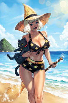 1girl beach bikini black_bikini blonde_hair blue_eyes blue_sky breasts broom cloud day elias_chatzoudis hat holding holding_broom large_breasts looking_at_viewer outdoors print_bikini sabrina_spellman sabrina_the_teenage_witch short_hair sky solo star_(symbol) star_print swimsuit water witch_hat