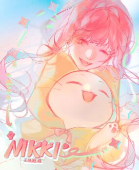 Rule 34 | 1girl, animal, blue sky, bow, bowtie, brown eyes, cat, character name, chin rest, cloak, clothed animal, copyright name, day, ear covers, eyelashes, floating hair, happy, head on head, head rest, highres, hood, hood up, hooded cloak, infinity nikki, long hair, lower teeth only, momo (nikki), nikki (nikki), nikki (series), notice lines, one eye closed, open mouth, outdoors, pawpads, pink hair, procreate (medium), red bow, red bowtie, sky, smile, sparkle, tang657705534, teeth, traditional bowtie, upper body, very long hair, wavy hair, whiskers, white cat, yellow cloak