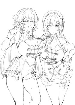 2girls :d :o aiguillette asymmetrical_docking blush braid breast_press breasts brooch commentary_request cowboy_shot detached_sleeves earrings frilled_shirt_collar frilled_skirt frills furen_e_lustario gloves greyscale hair_ribbon hakase_fuyuki hand_on_own_hip hands_on_another's_hips highres huge_breasts jewelry layered_shirt layered_shorts lineart long_hair looking_at_viewer monochrome multiple_girls nijisanji nijisanji_idol_uniform open_mouth pov ribbon shirt shorts shy side_cape simple_background skirt sleeveless sleeveless_shirt smile suisogenshi sweat tented_shirt thigh_strap thighs v virtual_youtuber white_background wrist_cuffs