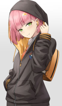 Rule 34 | 1girl, absurdres, backpack, bag, black hoodie, cloud hair ornament, commentary, cyclone tarou, drawstring, earbuds, earphones, green eyes, grey background, hand in pocket, highres, hood, hoodie, long sleeves, looking at viewer, orange bag, pink hair, rain (zenless zone zero), short hair, simple background, smile, solo, upper body, zenless zone zero, zipper, zipper pull tab