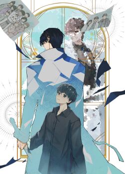 2boys absurdres black_hair black_shirt censored censored_identity clenched_hand coat collared_shirt commentary_request dual_persona falling_paper highres holding holding_sword holding_weapon kim_dokja looking_back mosaic_art multiple_boys oldest_dream omniscient_reader&#039;s_viewpoint open_clothes open_coat photo_(object) popped_collar sanjinmogufufu shirt short_hair smile superimposition sword weapon yoo_joonghyuk