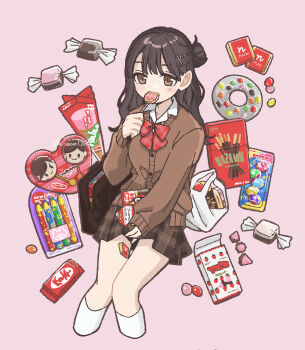 Rule 34 | 1girl, bow, bowtie, brown cardigan, brown eyes, brown skirt, candy, cardigan, commentary request, feet out of frame, food, hair bun, highres, lollipop, long hair, looking at viewer, miniskirt, nozawa (nooo1709), original, plaid clothes, plaid skirt, pleated skirt, red bow, red bowtie, side up bun, skirt, socks, solo, white socks