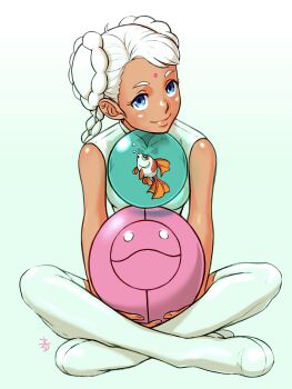 Rule 34 | 1girl, absurdres, aobito sukoyaka bystander, blue eyes, boots, braid, commentary request, dark-skinned female, dark skin, double bun, facial mark, fish, forehead mark, goldfish, gundam, gundam g no reconguista, hair bun, highres, nobell, orb, raraiya monday, simple background, sleeveless, smile, solo, thigh boots, white background, white boots