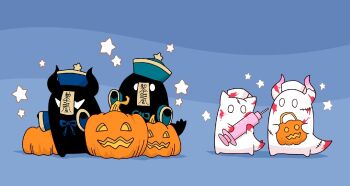 blood blue_background halloween halloween_bucket hat highres holding holding_syringe horns hoshikui jack-o&#039;-lantern jiangshi_costume no_humans nurse_cap original oversized_object pumpkin shoutarou_(shoutarotttt) star_(symbol) syringe virtual_youtuber