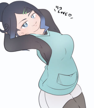 1girl aqua_jacket bad_tag black_hair black_pantyhose blue_eyes blue_hair commentary_request cosplay cowlick fake_liko_(pokemon) fish_paku green_hair_ornament hair_ornament hairclip half-closed_eyes highres hood hooded_vest hoodie jacket liko_(pokemon)_(cosplay) mature_female nintendo pantyhose pantyhose_under_shorts pokemon pokemon_(anime) pokemon_horizons pokemon_hz138 short_hair shorts sidelocks smile solo swept_bangs tsurime undershirt vest white_shorts
