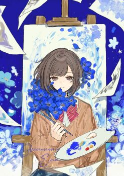 1girl absurdres art_brush artist_request blue_background blue_flower bow bowtie brown_eyes brown_hair brown_sweater canvas_(object) character_name chinese_commentary closed_mouth commentary_request commission easel flower flying_paper highres holding holding_paint_palette holding_paintbrush long_sleeves paint_palette paintbrush painting_(object) paper project_sekai red_bow red_bowtie school_uniform second-party_source shinonome_ena shirt short_hair smile solo sweater upper_body white_shirt