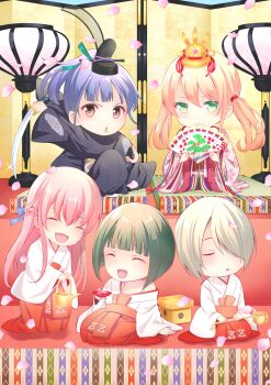5girls ^_^ absurdres blonde_hair blue_ribbon blunt_bangs blush bob_cut braid cherry_blossom_print chibi chibi_only closed_eyes copyright_notice cup facing_another facing_away falling_petals floral_print floral_print_kimono folding_screen glint green_eyes green_hair hair_over_one_eye hair_ribbon hakama half_up_braid hand_fan hat high_ponytail highres hinadan hinamatsuri hirabitai hishaku holding holding_cup holding_fan holding_ladle holding_sheath holding_sword holding_weapon hououji_akane japanese_clothes katana kimono kneeling ladle laughing long_hair looking_at_viewer makuzawa_ouka megami_no_cafe_terrace multiple_girls one_eye_covered ono_shiragiku open_mouth parted_lips petals pink_hair pink_kimono pink_petals ponytail print_kimono purple_hair red_eyes red_hakama ribbon sakazuki seiza seo_kouji sheath short_hair single_bare_shoulder single_off_shoulder sitting smile sokutai sword tate_eboshi tsukishima_riho tsuruga_ami twintails v-shaped_eyebrows weapon white_kimono wide_sleeves
