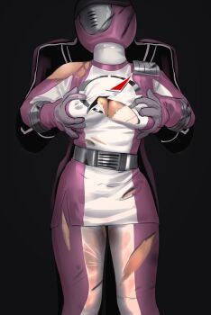 1girl 1other belt black_background bra breasts cleavage danmarunyan facing_up grabbing_another&#039;s_breast grabbing_from_behind groping helmet highres jacket large_breasts mighty_morphin_pink_ranger pants pink_jacket pink_pants power_rangers ptera_ranger simple_background solo_focus torn_clothes torn_pants underwear white_bra white_jacket white_pants