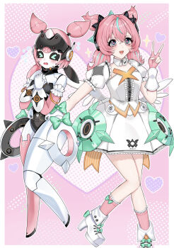 2girls angels_of_delusion aqua_streaks aria_(human)_(zenless_zone_zero) aria_(robot)_(zenless_zone_zero) aria_(zenless_zone_zero) black_sclera blue_eyes blush bow colored_sclera commentary_request dress gloves green_eyes hair_ornament hairclip highres humanoid_robot joints multicolored_hair multiple_girls multiple_hairclips open_mouth pink_gloves pink_hair robot robot_girl robot_joints smile streaked_hair tarou_(ucrn4887) too_many_bows wings zenless_zone_zero